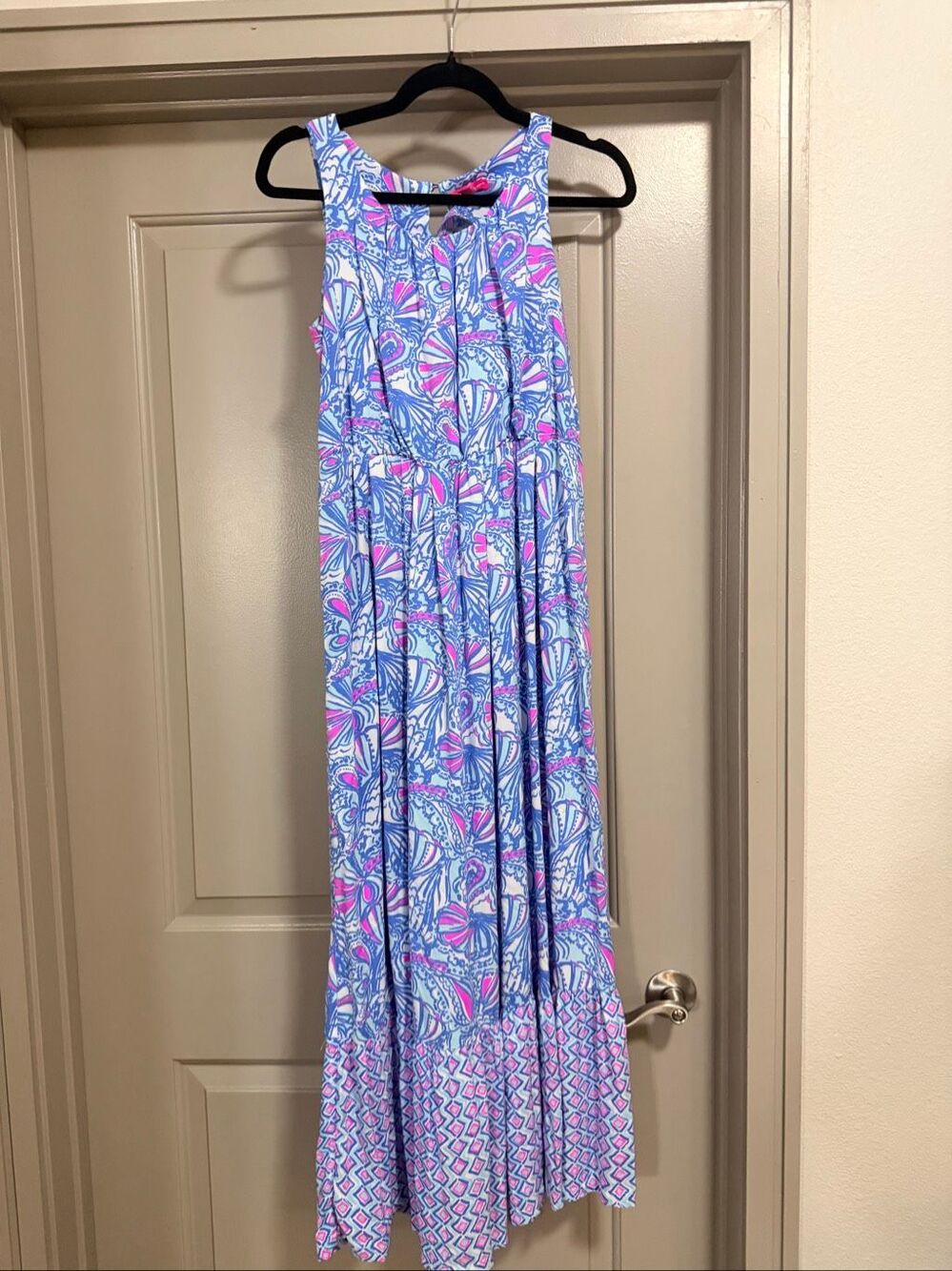 Lilly Pulitzer Womens Dress XL Blue Pink Floral Sleeveless V-Neck Maxi Sundress